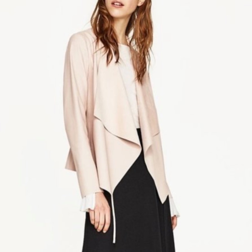 Zara blush pastel pink faux pleather dress waterfall open front jacket medium